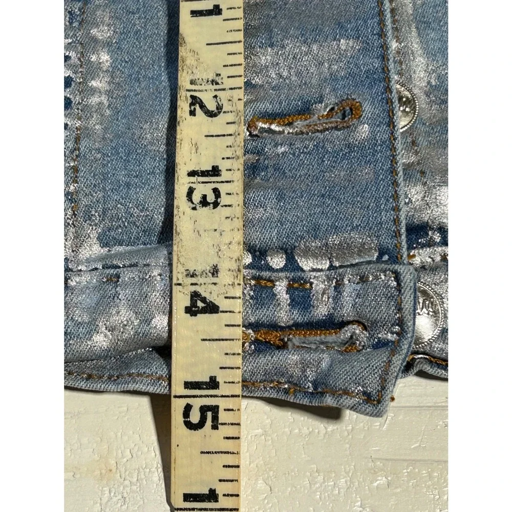 Justice Girls Silver Metallic Foil Denim Vest Light Wash Blue Size 12/14 Shimmer